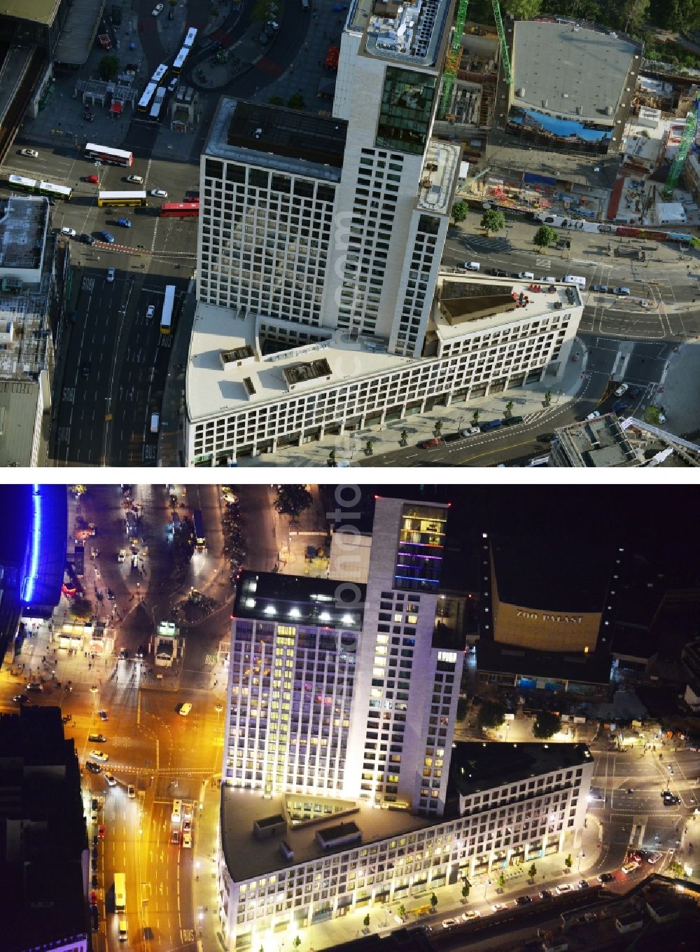 Aerial image at night Berlin - The newly constructed high-rise Zoofenster in the City West train station Charlottenburg ZOO