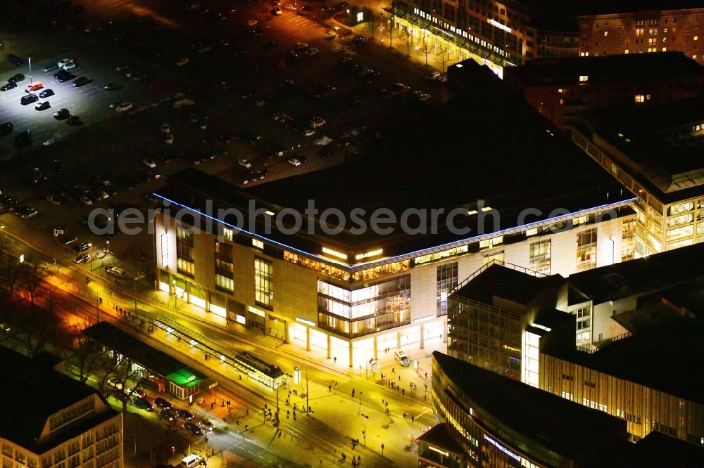 Dresden at night from the bird perspective: Night lighting building of the department store Karstadt Dresden in der Prager Strasse in Dresden in the state Saxony