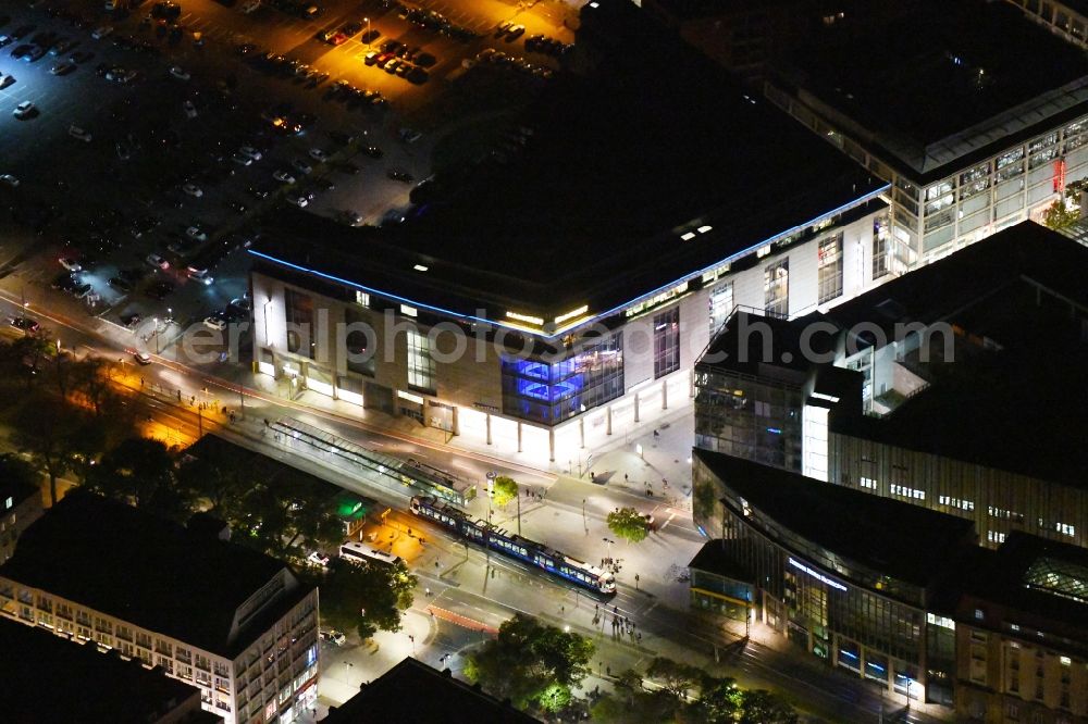 Aerial photograph at night Dresden - Night lighting building of the department store Karstadt Dresden in der Prager Strasse in Dresden in the state Saxony