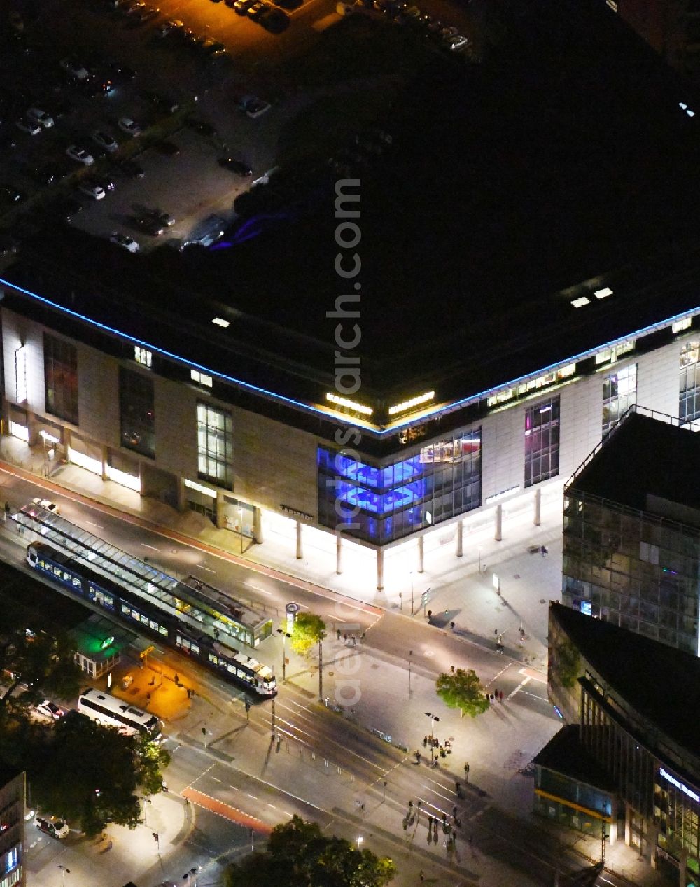 Dresden at night from above - Night lighting building of the department store Karstadt Dresden in der Prager Strasse in Dresden in the state Saxony