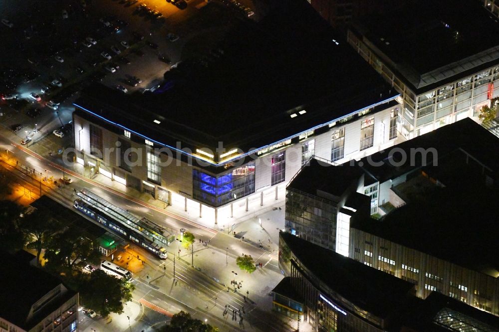 Dresden at night from the bird perspective: Night lighting building of the department store Karstadt Dresden in der Prager Strasse in Dresden in the state Saxony