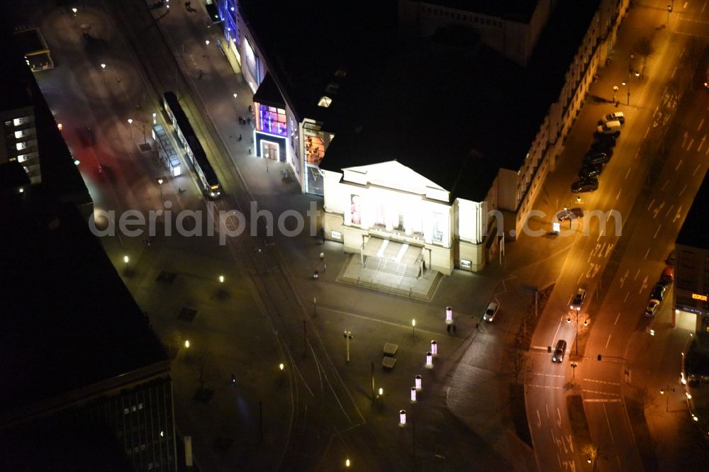 Aerial image at night Magdeburg - Night lighting Building of the concert hall and theater playhouse in the district Altstadt in Magdeburg in the state Saxony-Anhalt