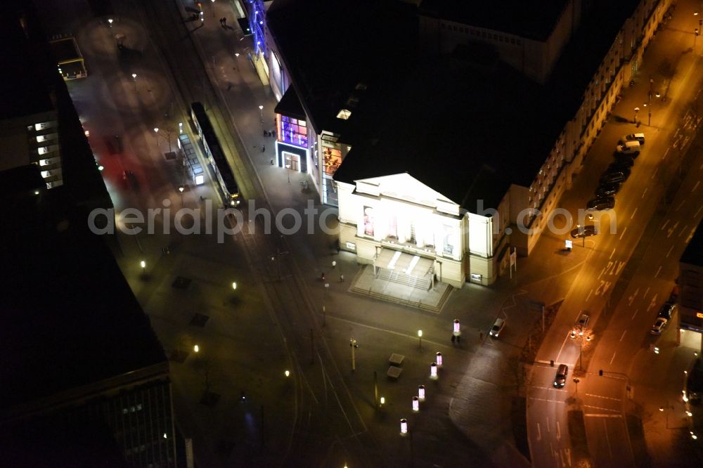 Aerial photograph at night Magdeburg - Night lighting Building of the concert hall and theater playhouse in the district Altstadt in Magdeburg in the state Saxony-Anhalt