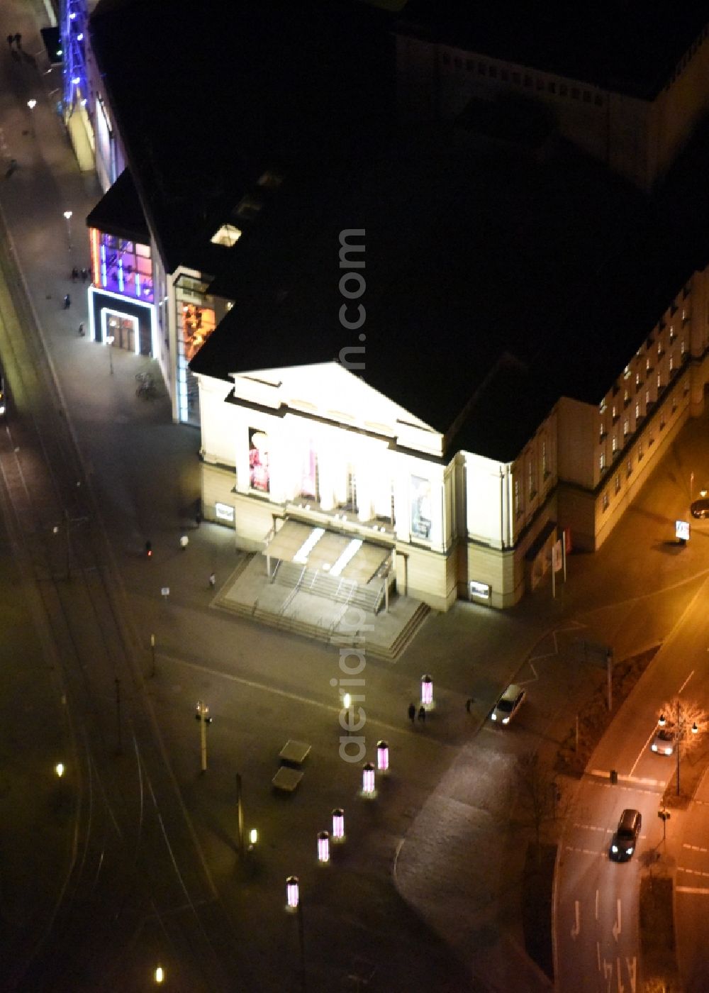 Aerial image at night Magdeburg - Night lighting Building of the concert hall and theater playhouse in the district Altstadt in Magdeburg in the state Saxony-Anhalt