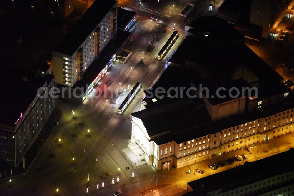 Magdeburg at night from above - Night lighting Building of the concert hall and theater playhouse in the district Altstadt in Magdeburg in the state Saxony-Anhalt