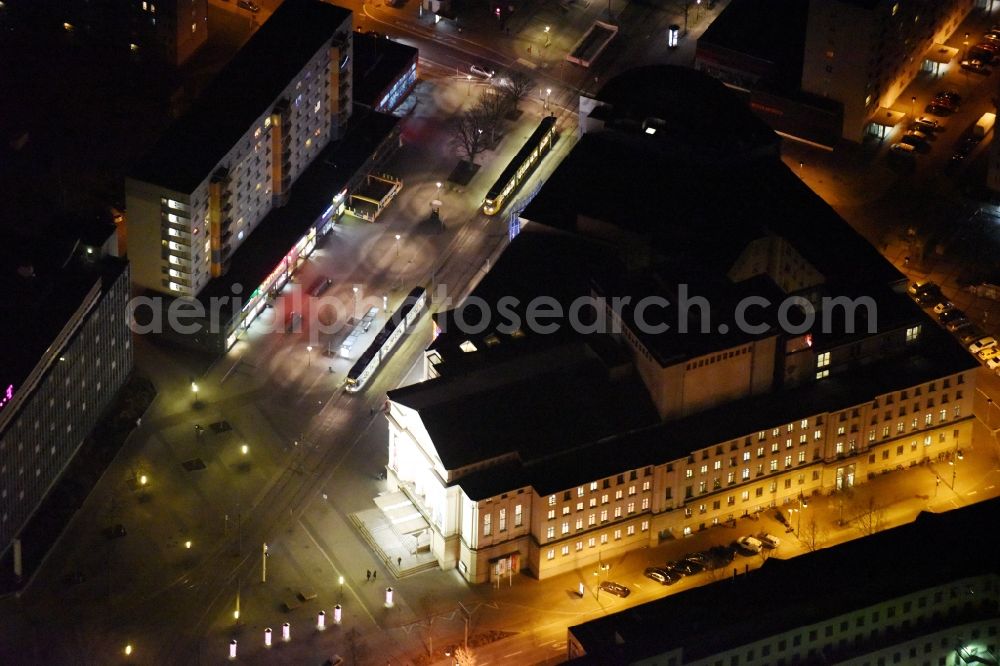 Aerial photograph at night Magdeburg - Night lighting Building of the concert hall and theater playhouse in the district Altstadt in Magdeburg in the state Saxony-Anhalt