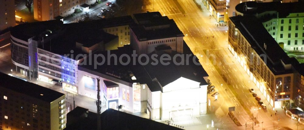 Aerial photograph at night Magdeburg - Night lighting Building of the concert hall and theater playhouse in the district Altstadt in Magdeburg in the state Saxony-Anhalt