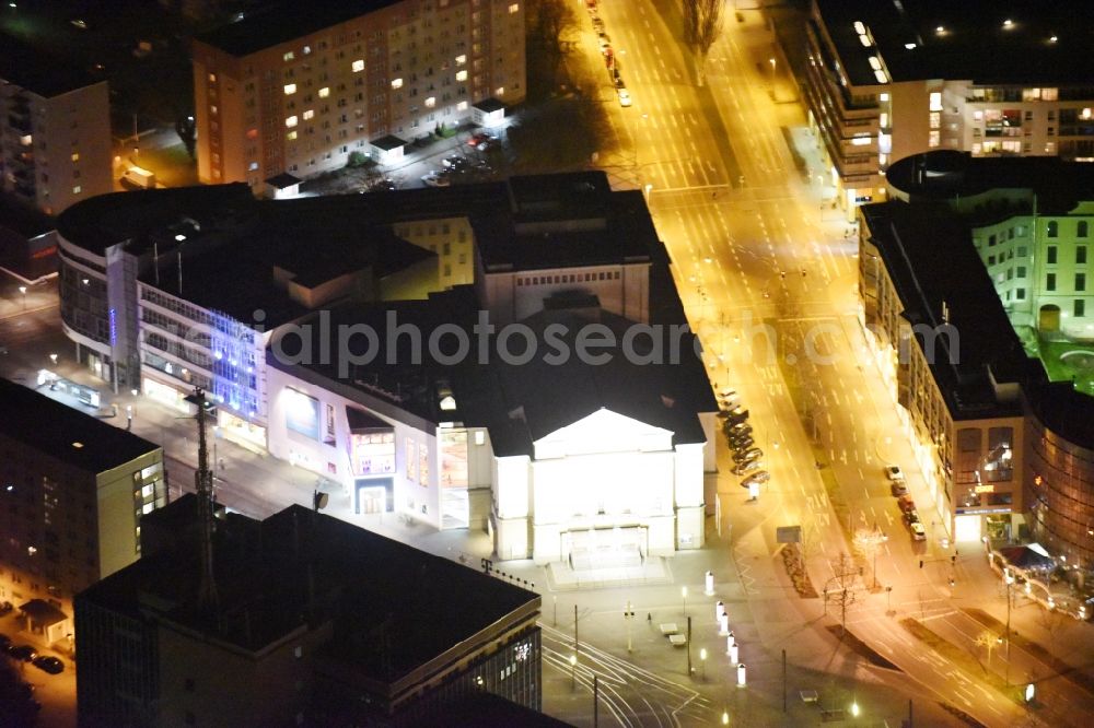 Aerial image at night Magdeburg - Night lighting Building of the concert hall and theater playhouse in the district Altstadt in Magdeburg in the state Saxony-Anhalt