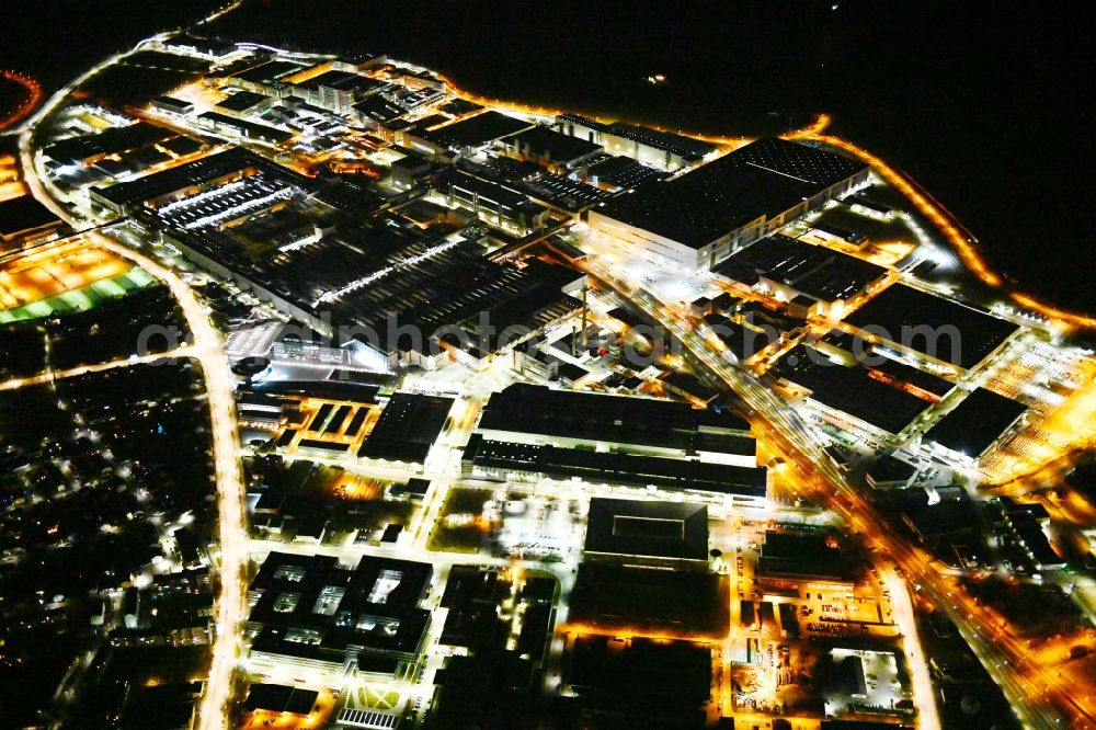 Aerial photograph at night Ingolstadt - Night lighting building and production halls on the premises of Audi in Ingolstadt in the state Bavaria