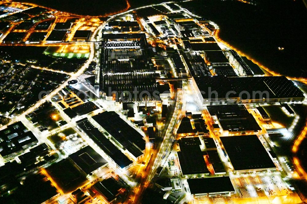 Ingolstadt at night from above - Night lighting building and production halls on the premises of Audi in Ingolstadt in the state Bavaria