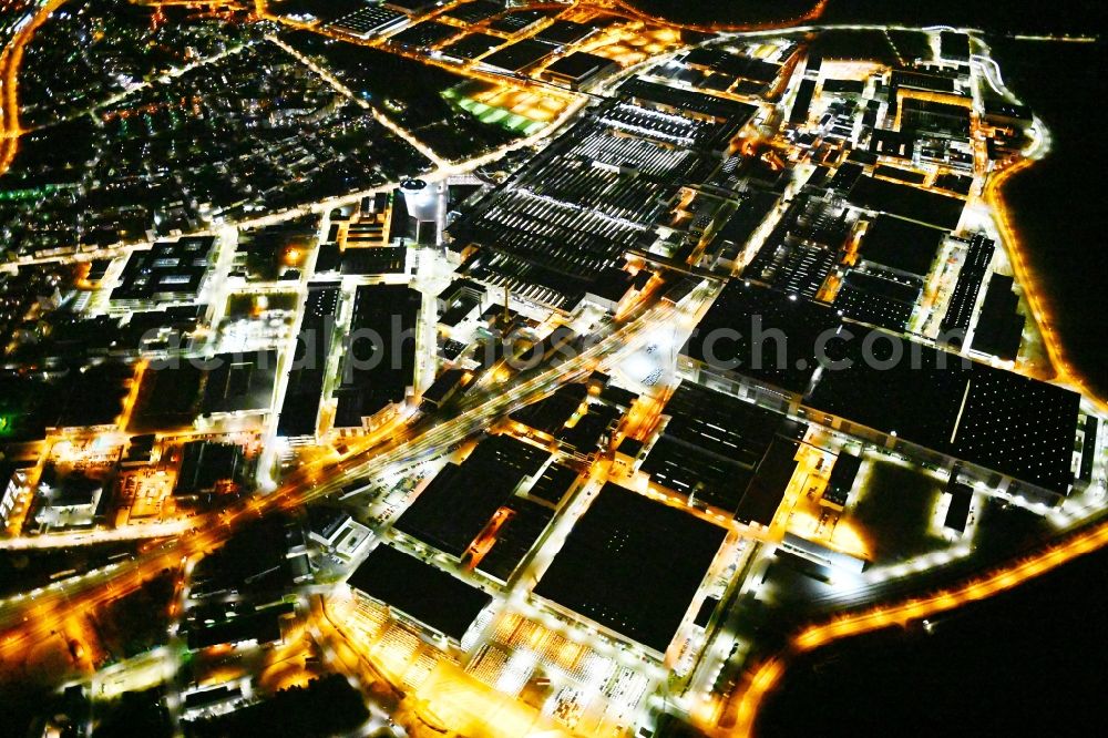 Aerial photograph at night Ingolstadt - Night lighting building and production halls on the premises of Audi in Ingolstadt in the state Bavaria