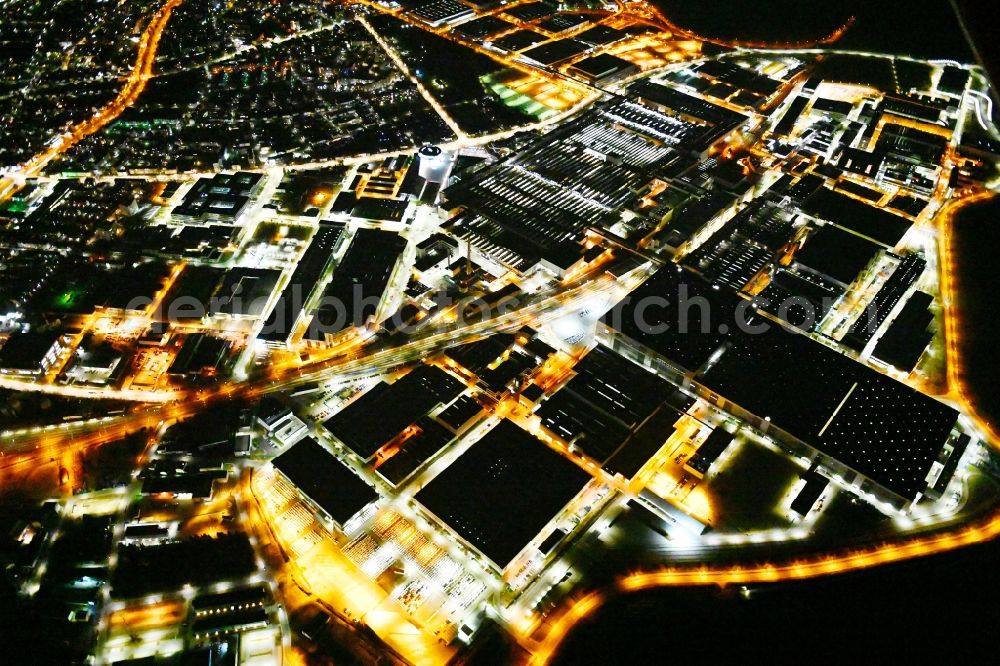 Aerial image at night Ingolstadt - Night lighting building and production halls on the premises of Audi in Ingolstadt in the state Bavaria