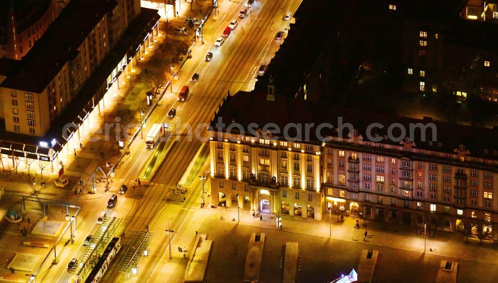 Dresden at night from above - Night lighting building of the restaurant Altmarktkeller - Dresdner Bierhaus in the district Zentrum in Dresden in the state Saxony, Germany