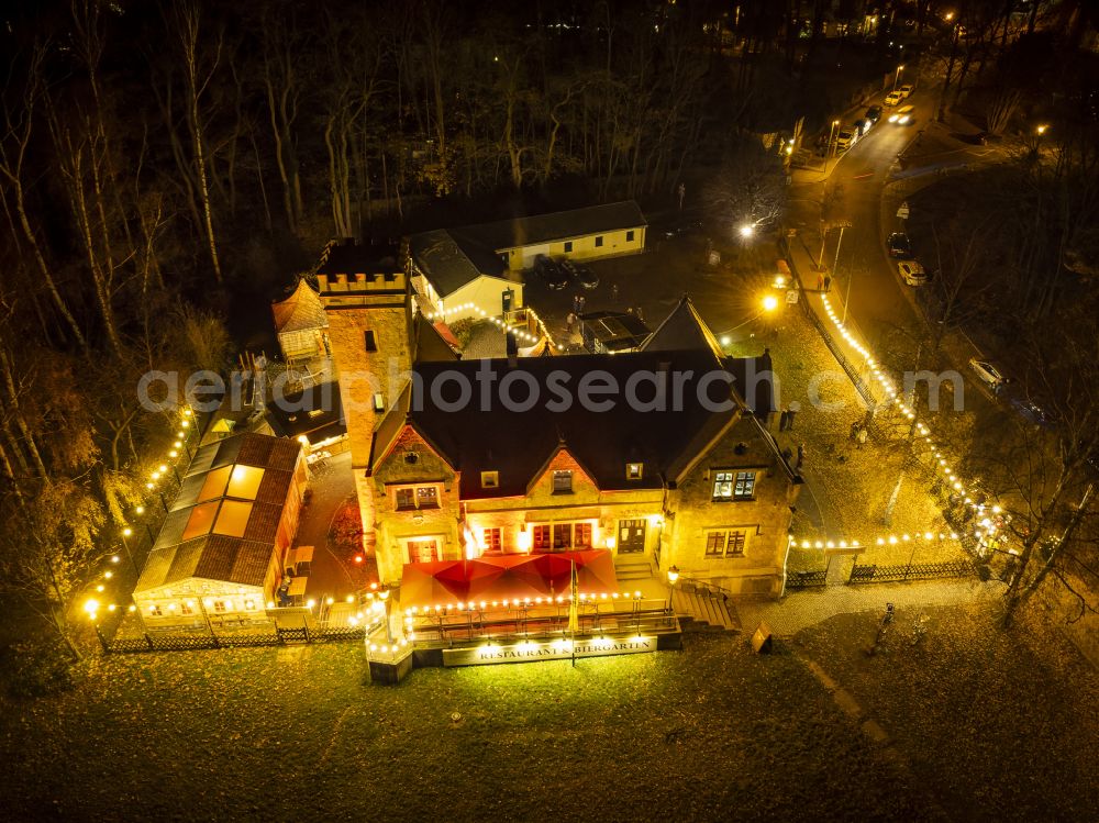 Dresden at night from above - Night lighting building of the restaurant Faehrhaus Kleinzschachwitz on street Berthold-Haupt-Strasse in the district Zschieren in Dresden in the state Saxony, Germany