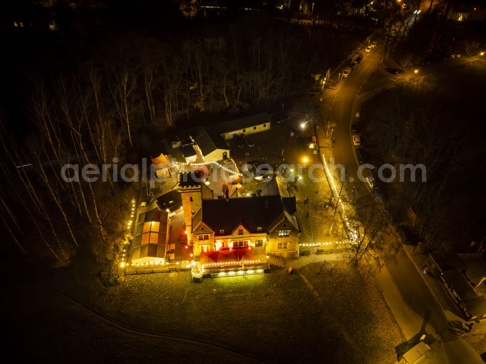 Dresden at night from the bird perspective: Night lighting building of the restaurant Faehrhaus Kleinzschachwitz on street Berthold-Haupt-Strasse in the district Zschieren in Dresden in the state Saxony, Germany