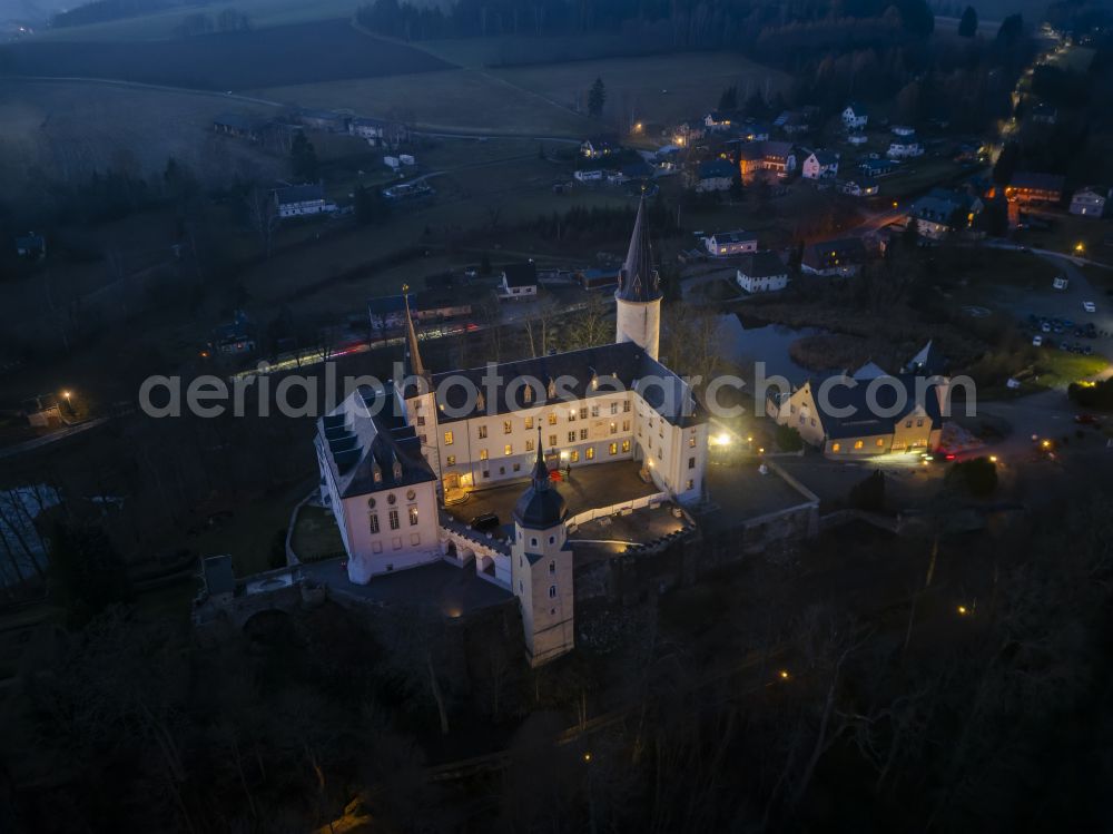 Neuhausen/Erzgebirge at night from above - Night lighting castle and castle hotel Purschenstein in Neuhausen/Erzgebirge in the federal state of Saxony, Germany