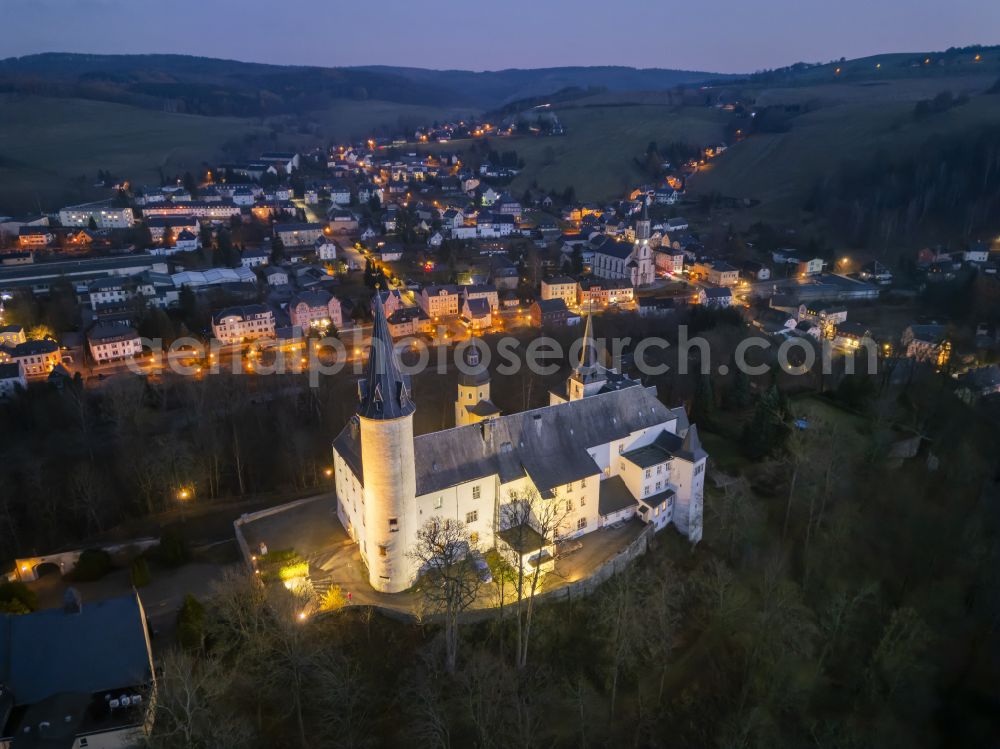 Neuhausen/Erzgebirge at night from above - Night lighting castle and castle hotel Purschenstein in Neuhausen/Erzgebirge in the federal state of Saxony, Germany