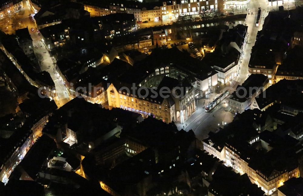 Aerial image at night Erfurt - Night lighting Town Hall building of the city administration on Fischmarkt in of Altstadt in Erfurt in the state Thuringia, Germany