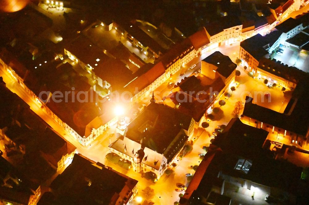 Aerial photograph at night Aschersleben - Night lighting town Hall building of the city administration in Aschersleben in the state Saxony-Anhalt, Germany