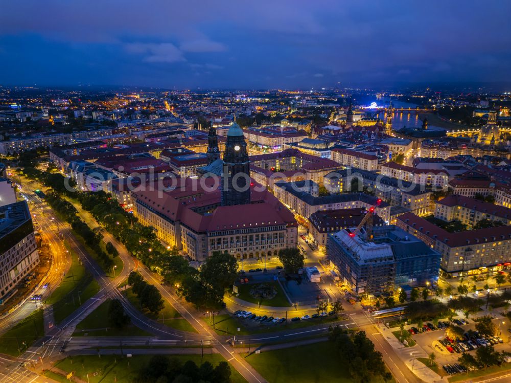 Dresden at night from the bird perspective: Night lighting town Hall building of the city administration Dresden on street Doktor-Kuelz-Ring in the district Altstadt in Dresden in the state Saxony