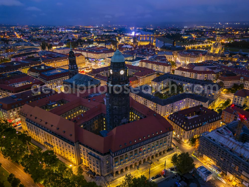 Aerial photograph at night Dresden - Night lighting town Hall building of the city administration Dresden on street Doktor-Kuelz-Ring in the district Altstadt in Dresden in the state Saxony