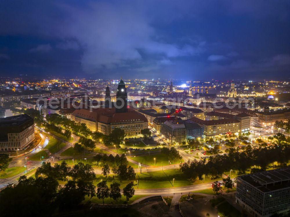 Aerial image at night Dresden - Night lighting town Hall building of the city administration Dresden on street Doktor-Kuelz-Ring in the district Altstadt in Dresden in the state Saxony