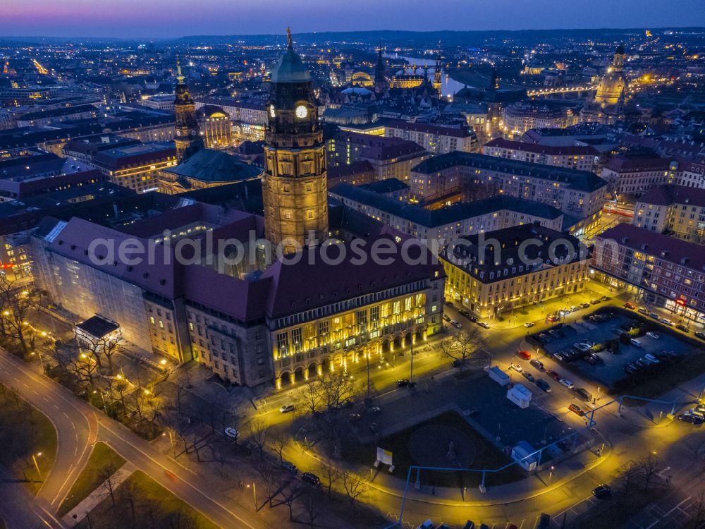 Aerial image at night Dresden - Night lighting night lighting town Hall building of the city administration Dresden on street Doktor-Kuelz-Ring in Dresden in the state Saxony