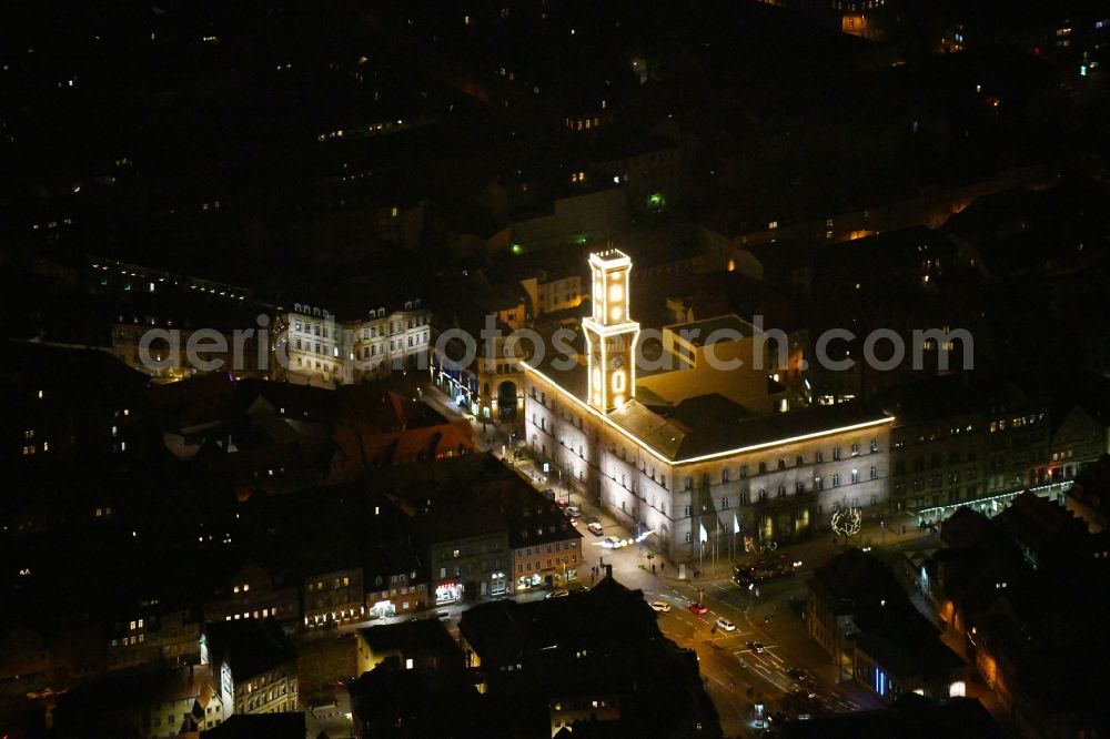 Aerial image at night Fürth - Night lighting Town Hall building of the city administration on Koenigsstrasse in Fuerth in the state Bavaria, Germany