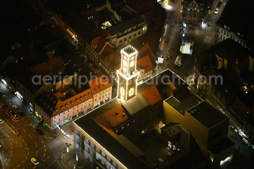 Aerial image at night Fürth - Night lighting Town Hall building of the city administration on Koenigsstrasse in Fuerth in the state Bavaria, Germany