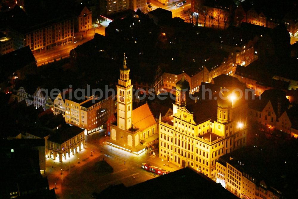 Aerial image at night Augsburg - Night lighting town Hall building of the city administration on Rathausplatz and tower Perlachturm and church St. Peter on Perlach in the district Altstadt in Augsburg in the state Bavaria, Germany