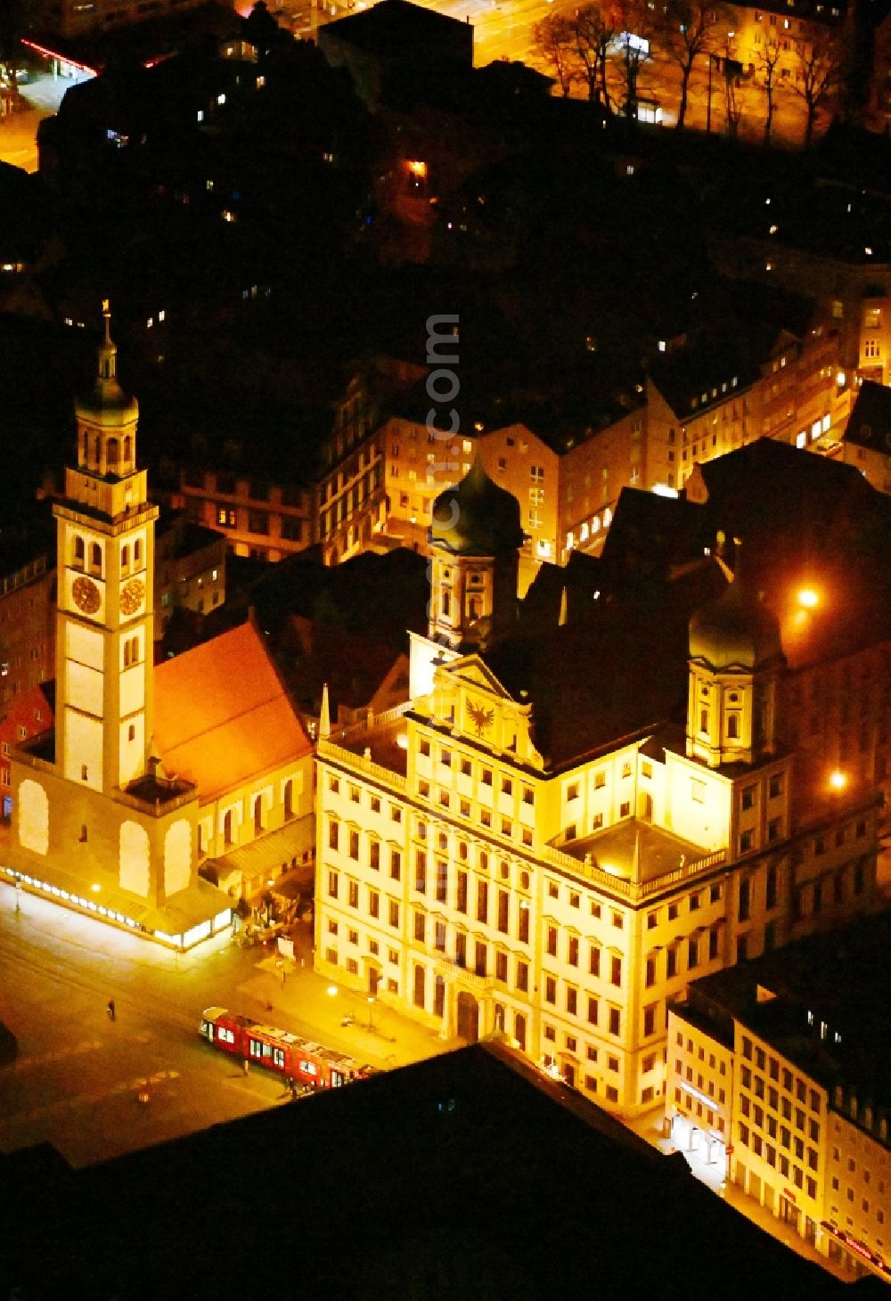 Augsburg at night from above - Night lighting town Hall building of the city administration on Rathausplatz and tower Perlachturm and church St. Peter on Perlach in the district Altstadt in Augsburg in the state Bavaria, Germany