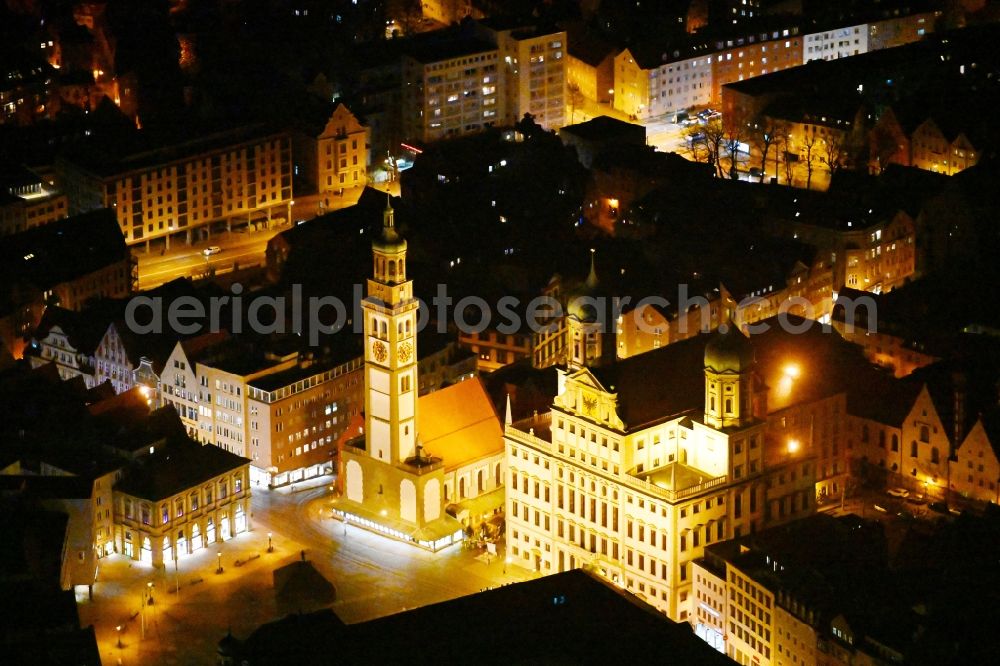 Aerial image at night Augsburg - Night lighting town Hall building of the city administration on Rathausplatz and tower Perlachturm and church St. Peter on Perlach in the district Altstadt in Augsburg in the state Bavaria, Germany