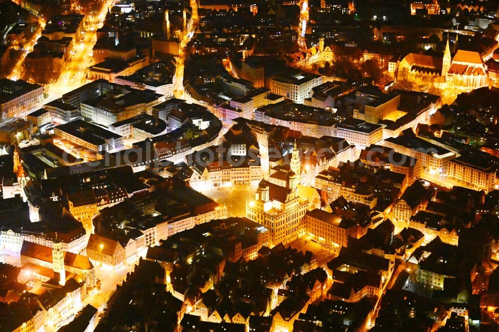 Aerial image at night Augsburg - Night lighting town Hall building of the city administration on Rathausplatz and tower Perlachturm and church St. Peter on Perlach in the district Altstadt in Augsburg in the state Bavaria, Germany