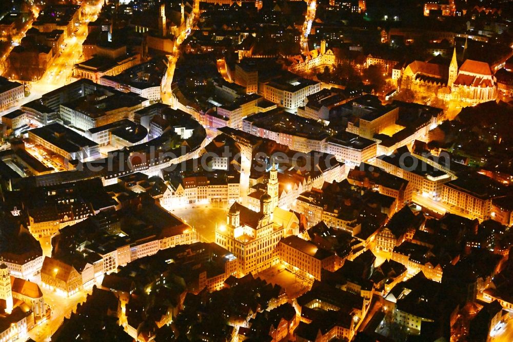 Augsburg at night from above - Night lighting town Hall building of the city administration on Rathausplatz and tower Perlachturm and church St. Peter on Perlach in the district Altstadt in Augsburg in the state Bavaria, Germany