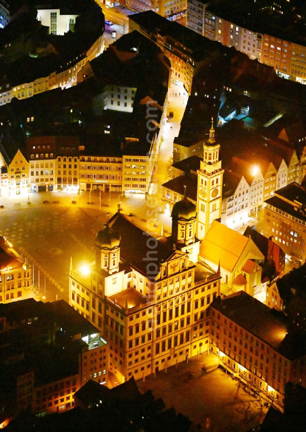 Augsburg at night from above - Night lighting town Hall building of the city administration on Rathausplatz and tower Perlachturm and church St. Peter on Perlach in the district Altstadt in Augsburg in the state Bavaria, Germany