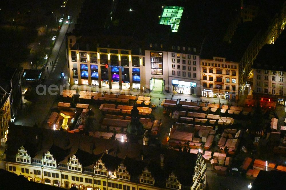 Aerial image at night Leipzig - Night lighting Town Hall building of the City Council at the market downtown in the district Mitte in Leipzig in the state Saxony, Germany