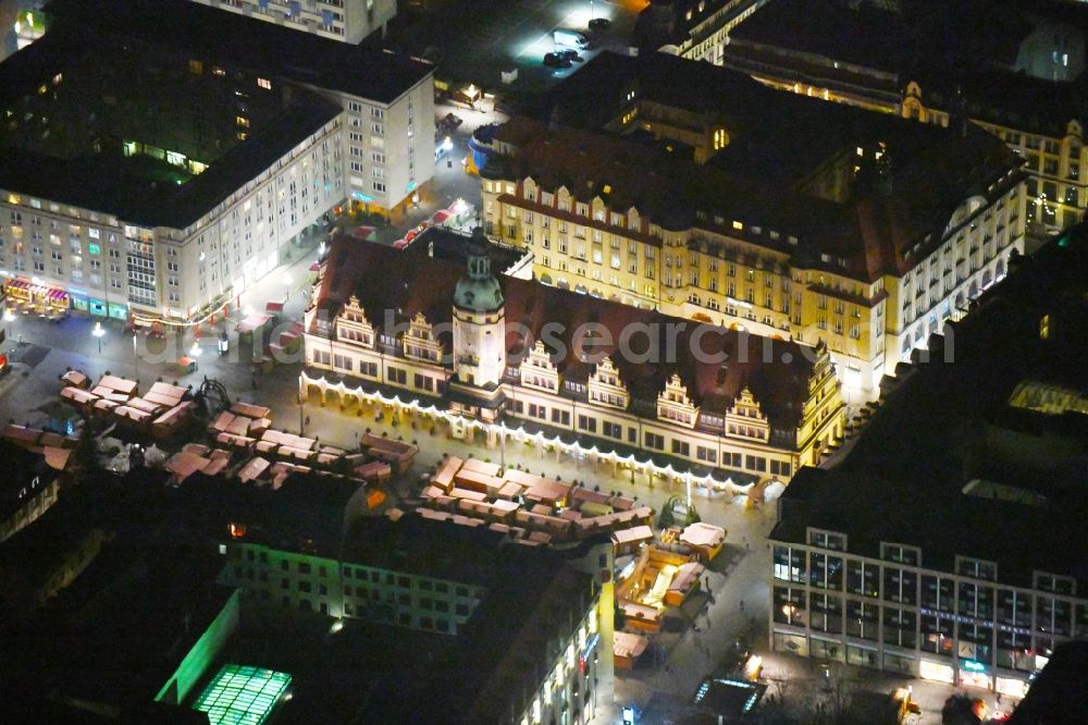 Leipzig at night from the bird perspective: Night lighting Town Hall building of the City Council at the market downtown in the district Mitte in Leipzig in the state Saxony