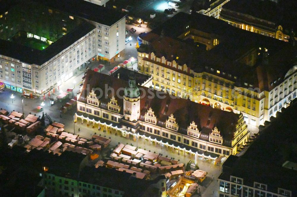 Aerial photograph at night Leipzig - Night lighting Town Hall building of the City Council at the market downtown in the district Mitte in Leipzig in the state Saxony