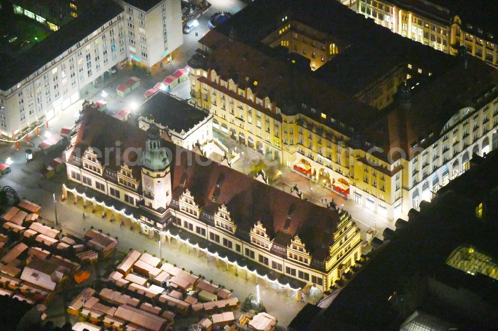 Aerial image at night Leipzig - Night lighting Town Hall building of the City Council at the market downtown in the district Mitte in Leipzig in the state Saxony