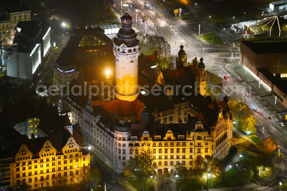 Leipzig at night from above - Night lighting Town Hall building of the city administration on Martin-Luther-Ring in Leipzig in the state Saxony