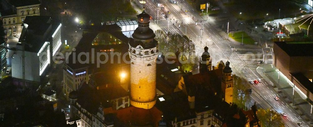 Leipzig at night from the bird perspective: Night lighting Town Hall building of the city administration on Martin-Luther-Ring in Leipzig in the state Saxony