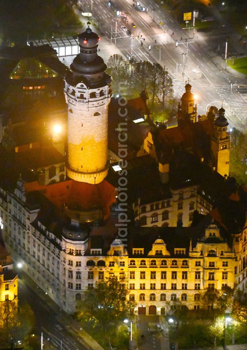 Aerial photograph at night Leipzig - Night lighting Town Hall building of the city administration on Martin-Luther-Ring in Leipzig in the state Saxony