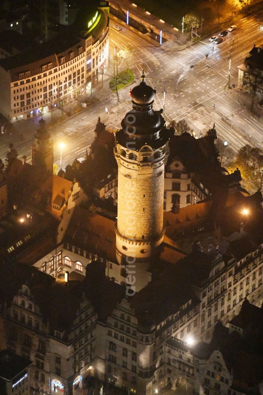 Leipzig at night from above - Night lighting Town Hall building of the city administration on Martin-Luther-Ring in Leipzig in the state Saxony