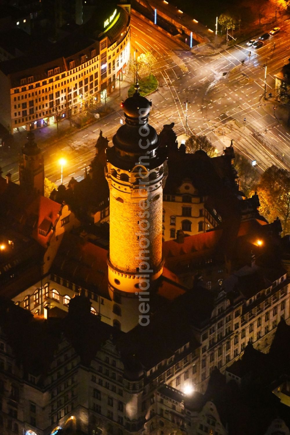 Leipzig at night from the bird perspective: Night lighting Town Hall building of the city administration on Martin-Luther-Ring in Leipzig in the state Saxony