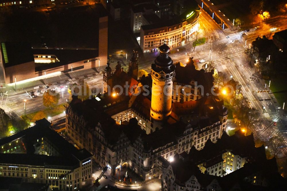 Aerial photograph at night Leipzig - Night lighting Town Hall building of the city administration on Martin-Luther-Ring in Leipzig in the state Saxony