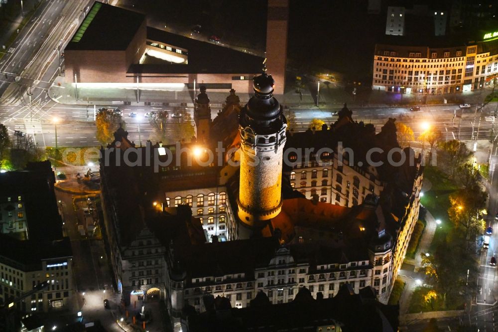 Aerial image at night Leipzig - Night lighting Town Hall building of the city administration on Martin-Luther-Ring in Leipzig in the state Saxony