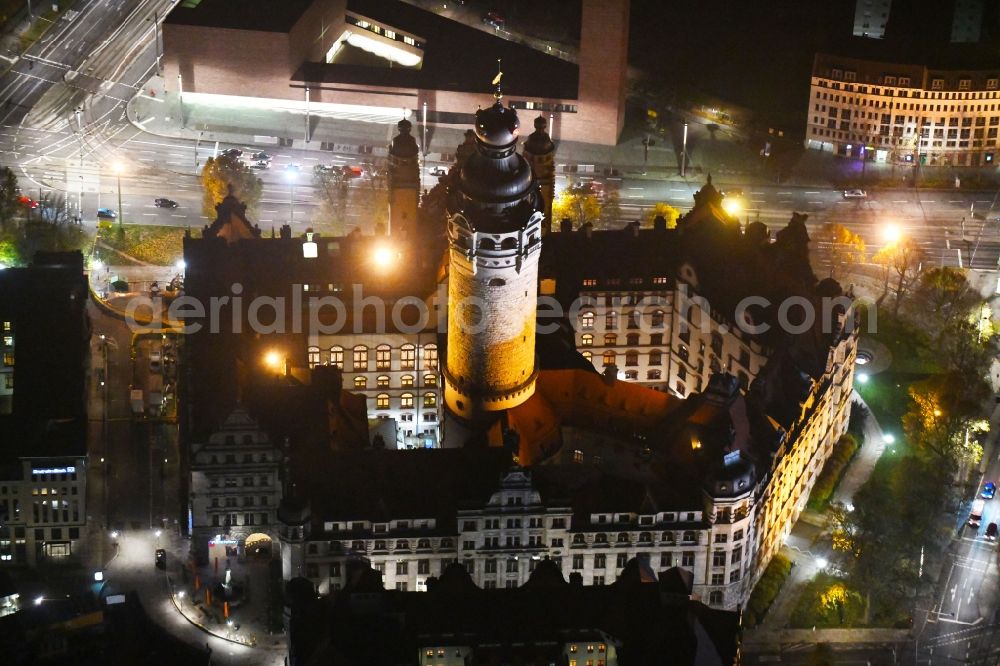 Leipzig at night from above - Night lighting Town Hall building of the city administration on Martin-Luther-Ring in Leipzig in the state Saxony