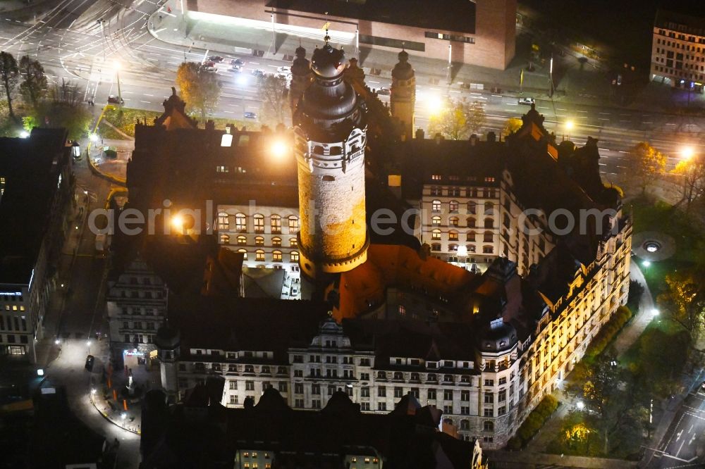 Leipzig at night from the bird perspective: Night lighting Town Hall building of the city administration on Martin-Luther-Ring in Leipzig in the state Saxony