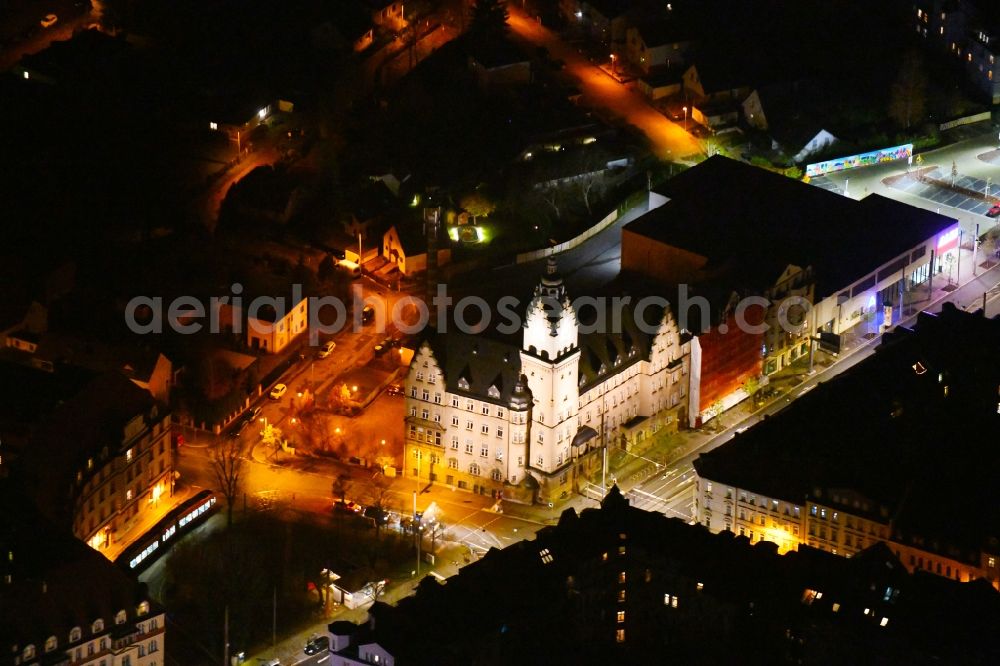 Aerial image at night Leipzig - Night lighting Town Hall building of the city administration on Georg-Schumann-Strasse in the district Wahren in Leipzig in the state Saxony, Germany