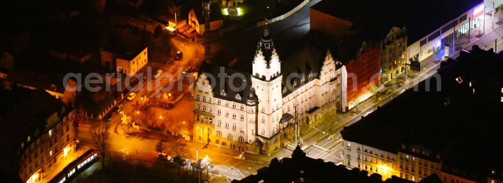 Leipzig at night from above - Night lighting Town Hall building of the city administration on Georg-Schumann-Strasse in the district Wahren in Leipzig in the state Saxony, Germany